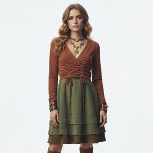 Womens Goblincore Jersey Knit Crop Top Rust Brown Ruched Earthy Indie Size S